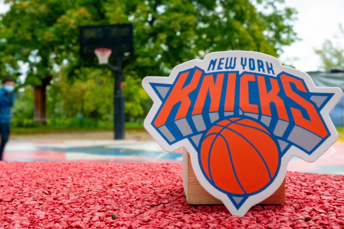 September 15, 2021, New York, USA, The emblem of the New York Knicks basketball club on the sports ground. knicks basketball