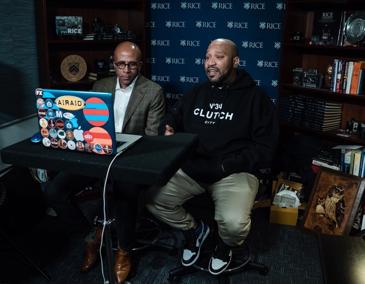 Bun B joins Rice University professor Anthony Pinn during one of their Religion and Hip-Hop Culture classes, a role that makes Trill Burgers' upcoming campus opening a full-circle moment for the Houston rapper and entrepreneur. | Photo by Brandon Martin-Rice University