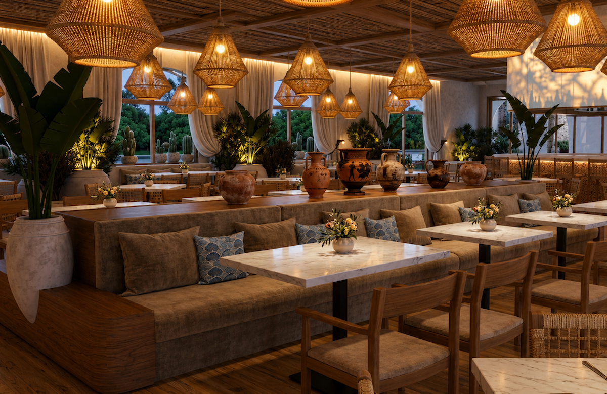 A rendering of Eliás Estiatorio reveals the restaurant's Mediterranean-inspired dining room, where warm wood tones, woven lighting, lush greenery, and coastal design elements will transform the former Yia Yia Mary's space in Uptown Houston. | Photo by NDD Design
