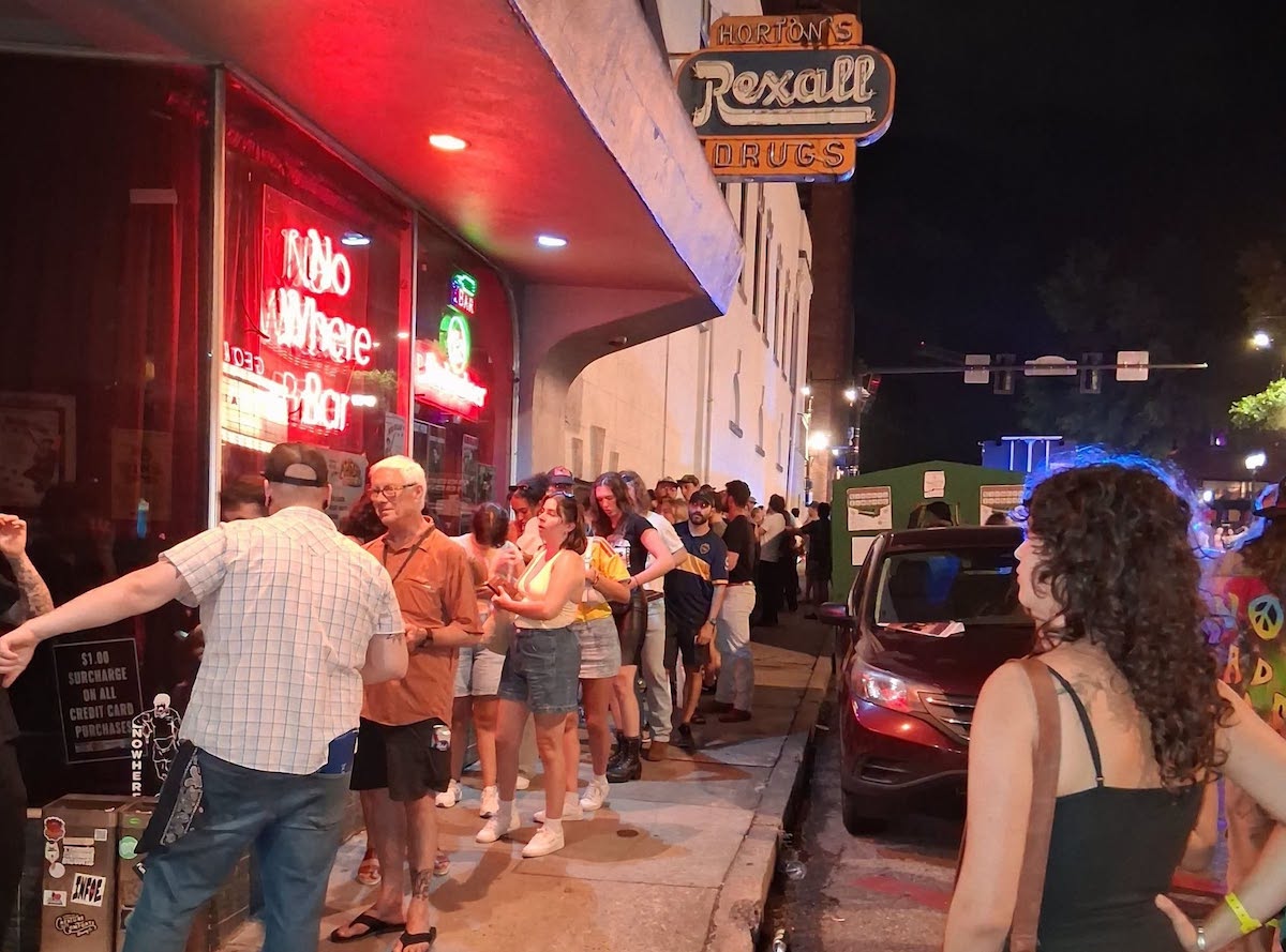 Line Outside of Nowhere Bar - DiningOut Lines regularly form outside Nowhere Bar, a Downtown Athens institution known for cheap drinks, live music, pool tables, and decades of local history. | Photo by Nowhere Bar