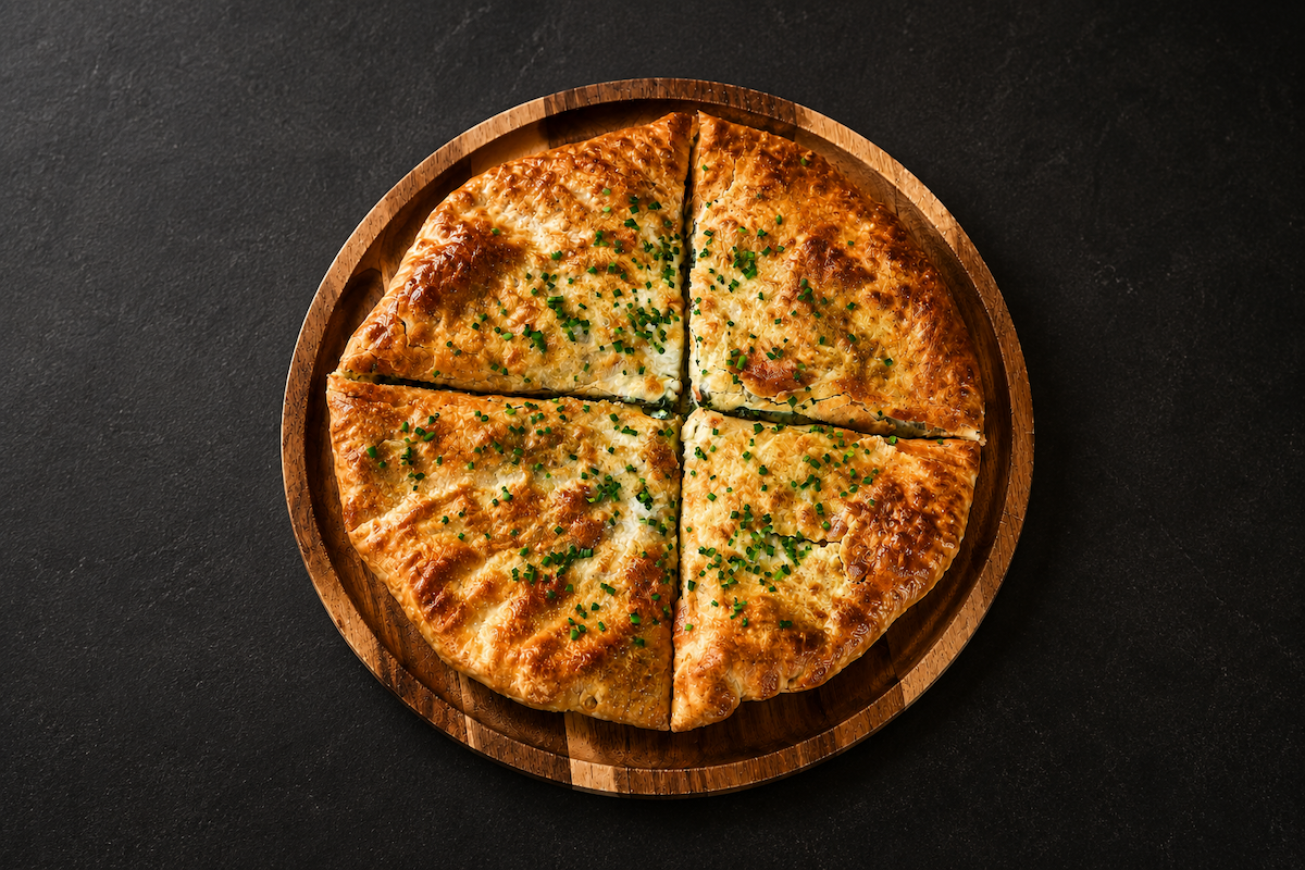 NY-AskiliOrchard_NettleKhachapuri - DiningOut Top-down view of a four-slice cheese pizza sprinkled with parsley on a wooden round board.