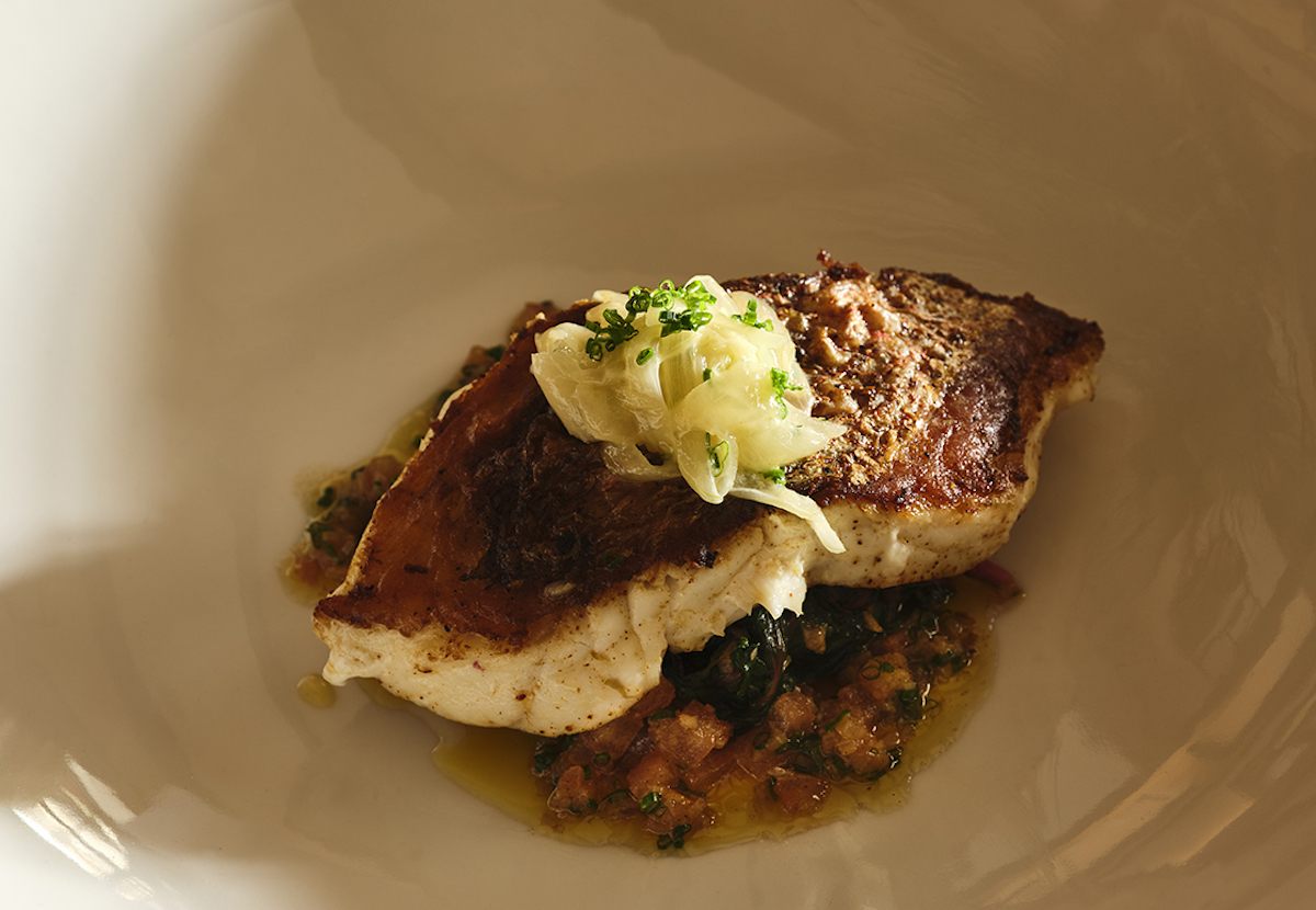 Seared Gulf snapper with sweet-and-sour Swiss chard, onion soubise, and tomato brown butter highlights the Gulf Coast seafood that anchors much of Latuli's menu. | Photo by Frank Frances