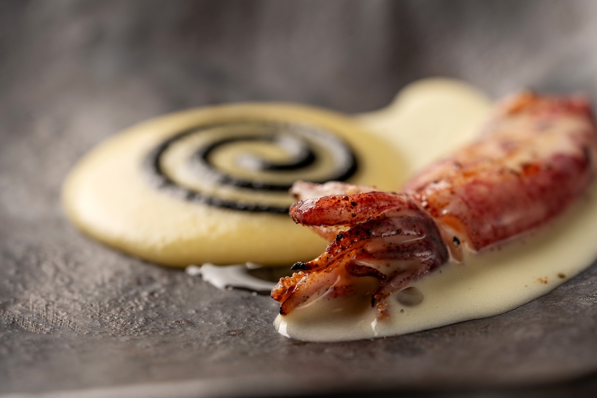Lobster claw resting on a smear of creamy sauce with a black spiral sauce on a dark plate.