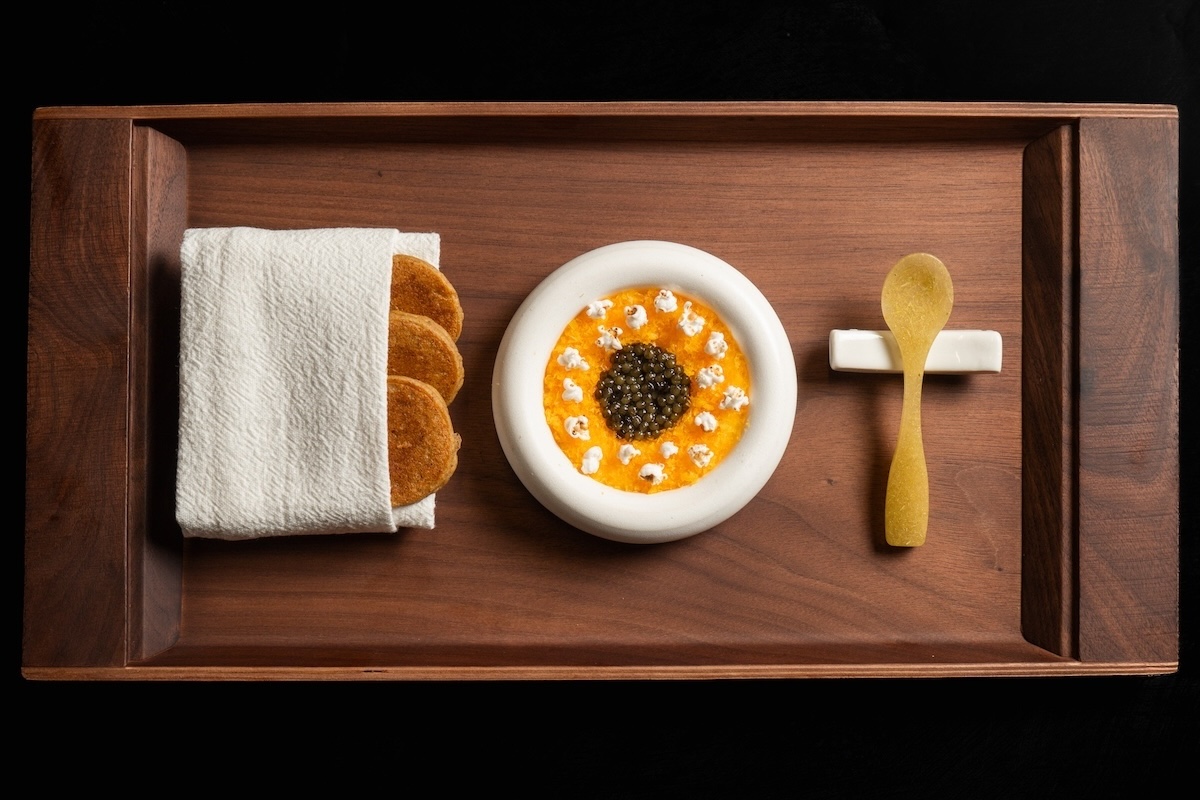 DEN_The_Wolfs_Tailor_caviar_corn_blini_by_Jeff_Fierberg - DiningOut Corn showcased at The Wolf's Tailor. | Photo by Jeff Fierberg