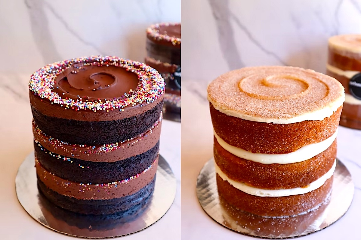 Two cakes side by side: left is a four-layer chocolate cake with chocolate frosting and rainbow sprinkles; right is a four-layer vanilla cake with cream filling and a sugar dusting.