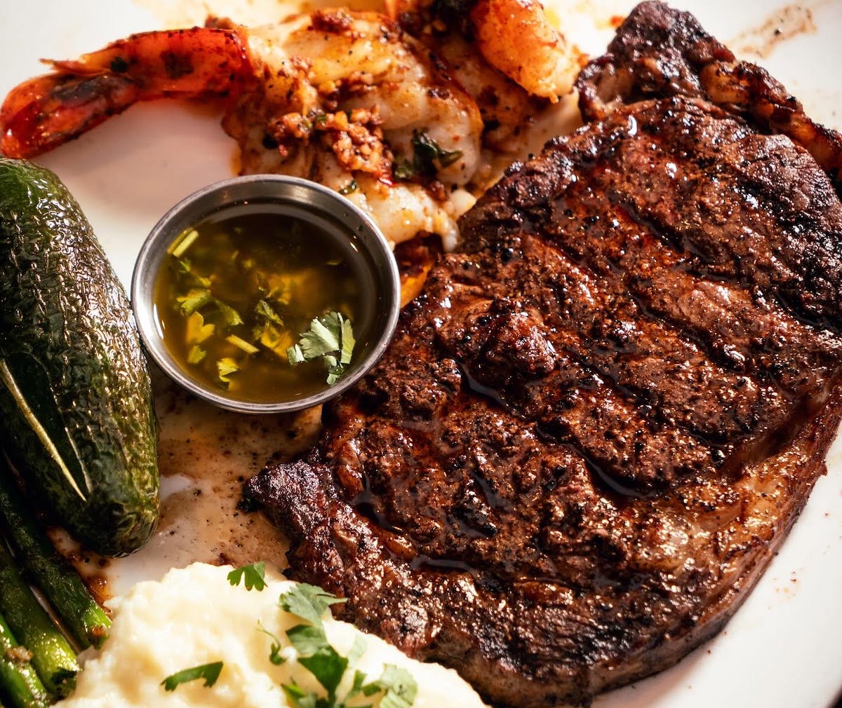 Teotihuacan serves a  ribeye with mashed potatoes, chimichurri, a green vegetable, and a charred jalapeño on Wednesdays. | Photo by Teotihuacan