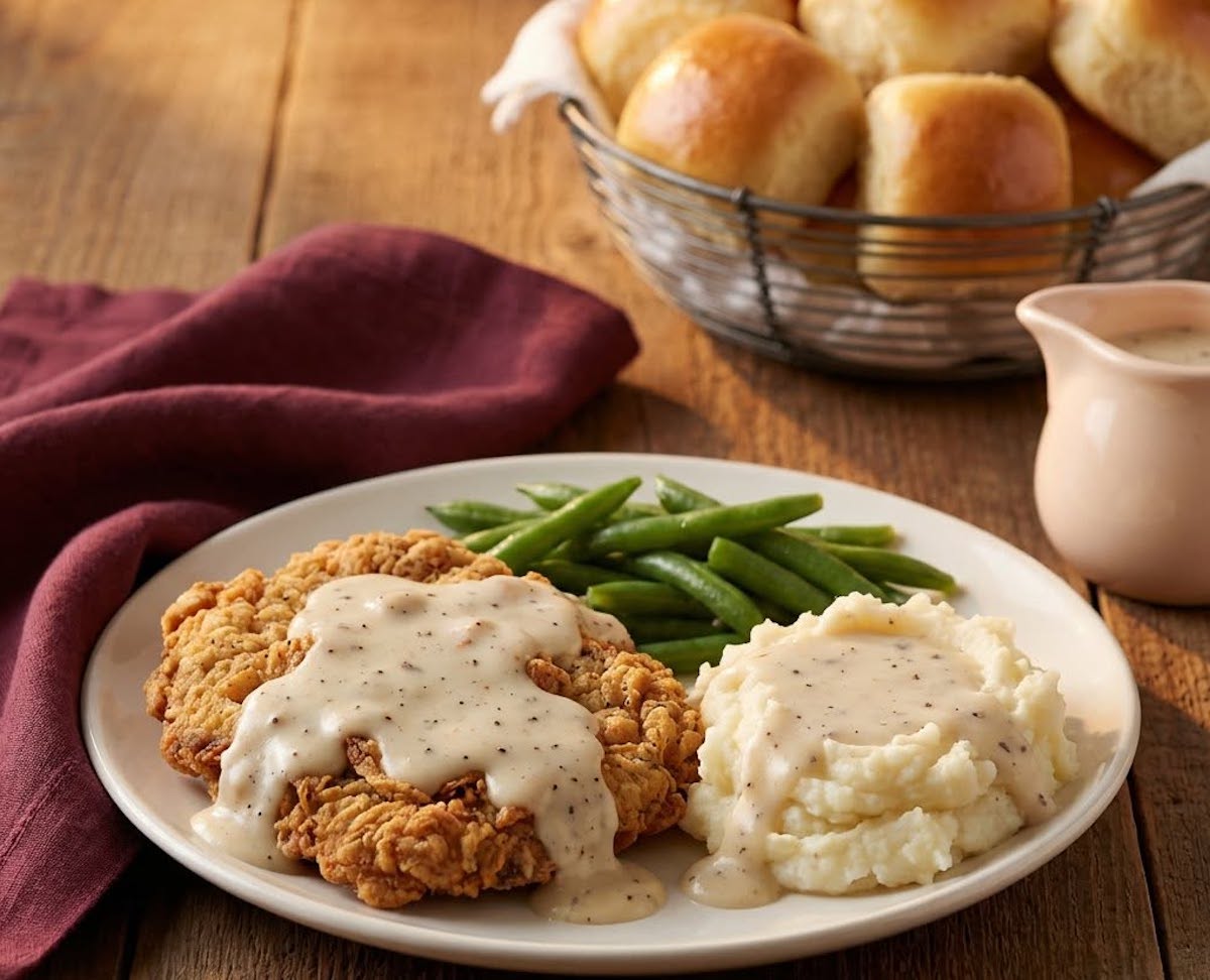Chicken-fried steak with mashed potatoes and green beans recalls the comfort-food classics that made the Black-Eyed Pea a favorite for generations of diners. | Photo by the Black Eyed Pea