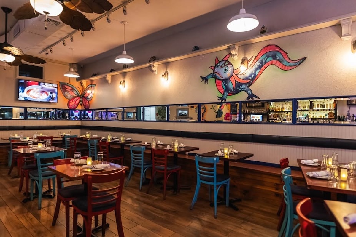 Colorful restaurant dining area with wooden tables, mismatched teal and red chairs, and wall art including a dragon mural and butterfly painting. nyc ayguey