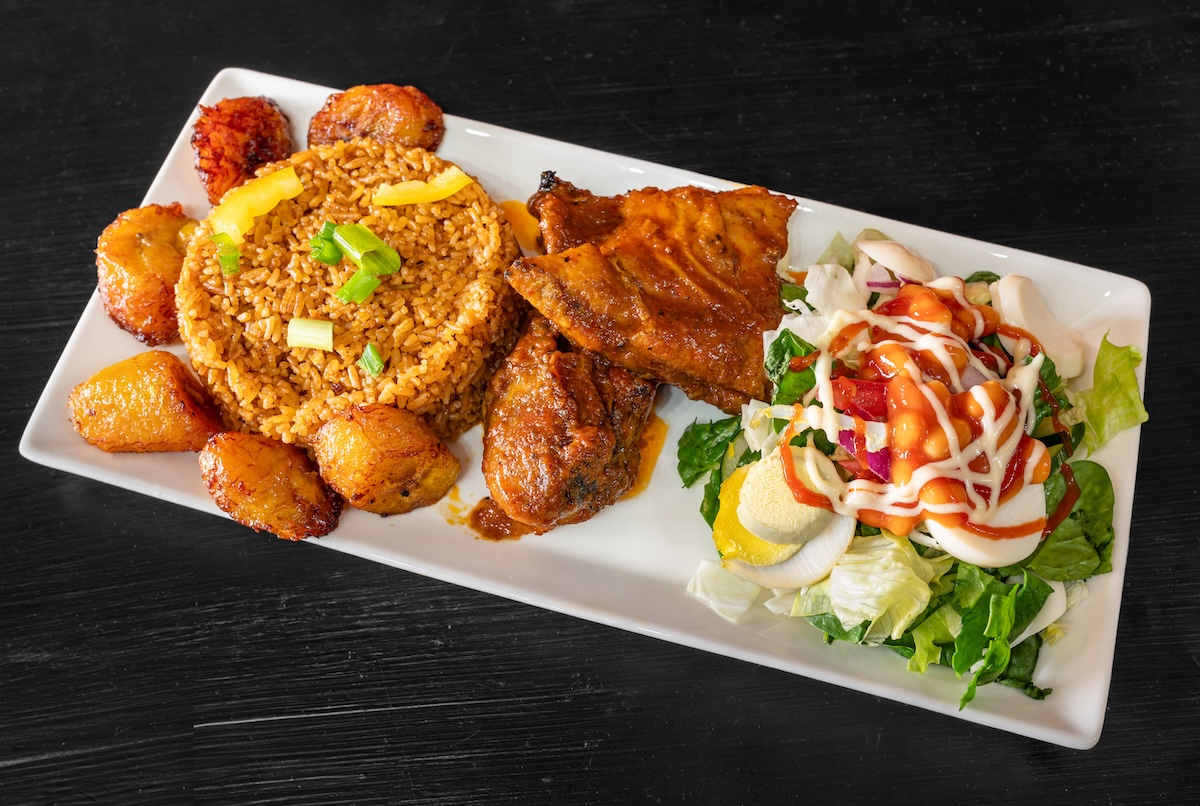 Jollof Rice with Chicken and Fried Plantains at Akwaaba Agyaade. | Photo courtesy of Akwaaba Agyaade