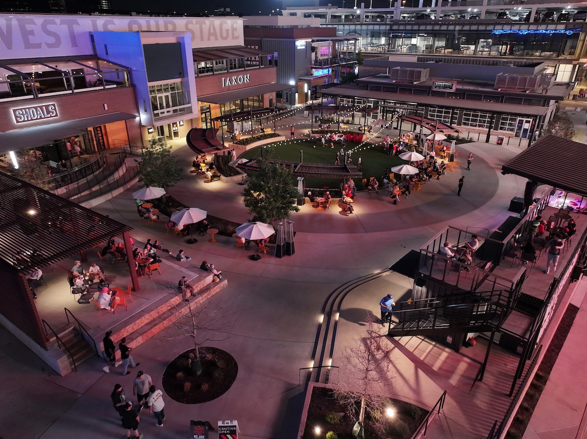 Toyota Music Factory’s sprawling plaza in Irving will get a spooky makeover for Fright Night at The Factory, featuring DJs, bars, a costume contest, and Halloween festivities. | Photo by The Plaza